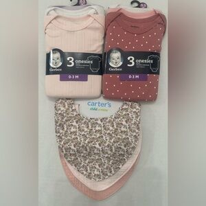 3 Pc. Baby Girl Bundle: 2-3 piece Onesie sets 0-3 Mths and 1- 3 piece bib set
